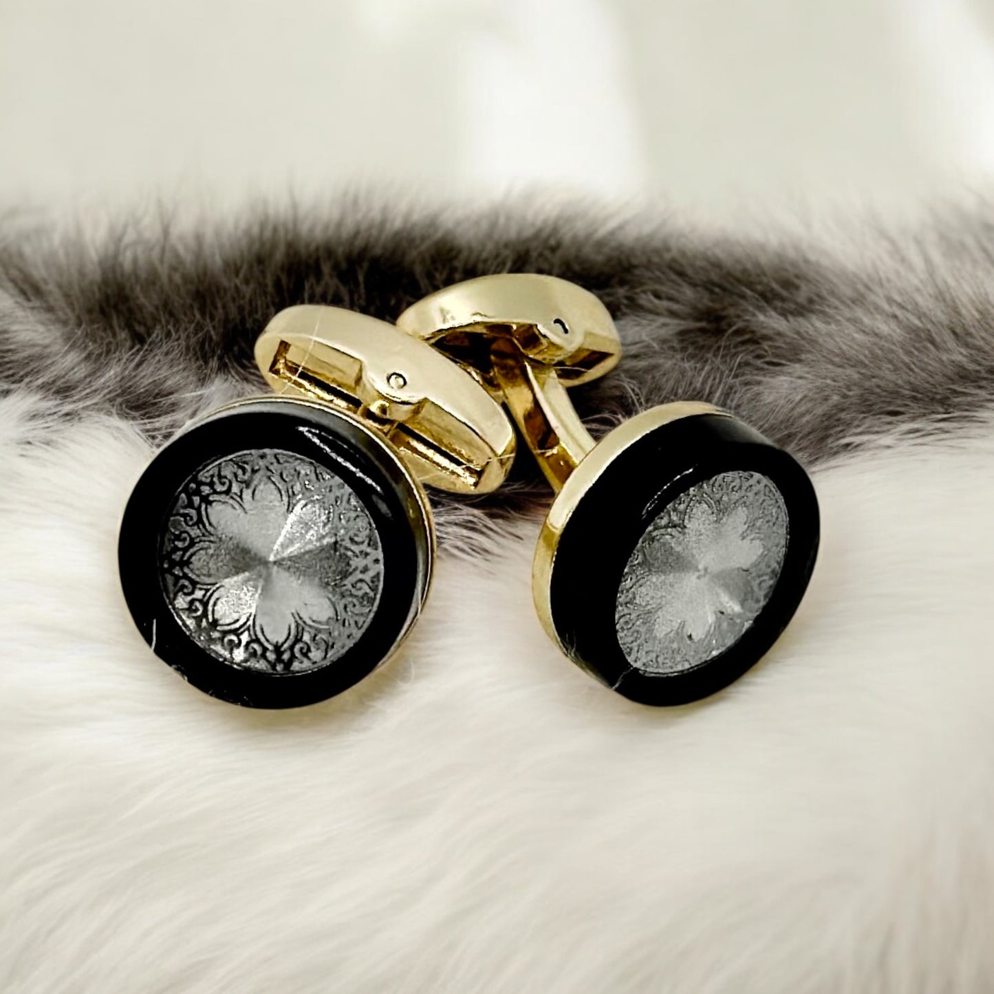Round Istanbul Fashion Cufflinks - Black and Gold Exterior-Silver Mixture -2