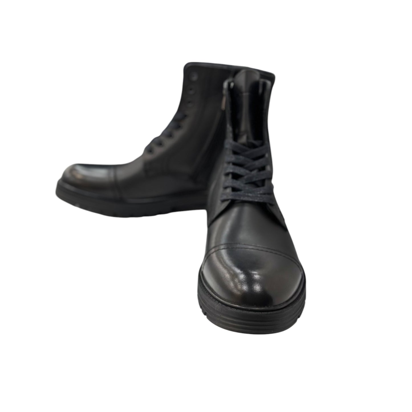 Black Half Boots-  with  sided Zipper-Lace-Luxury Leather-  Rubber Bottom-77660