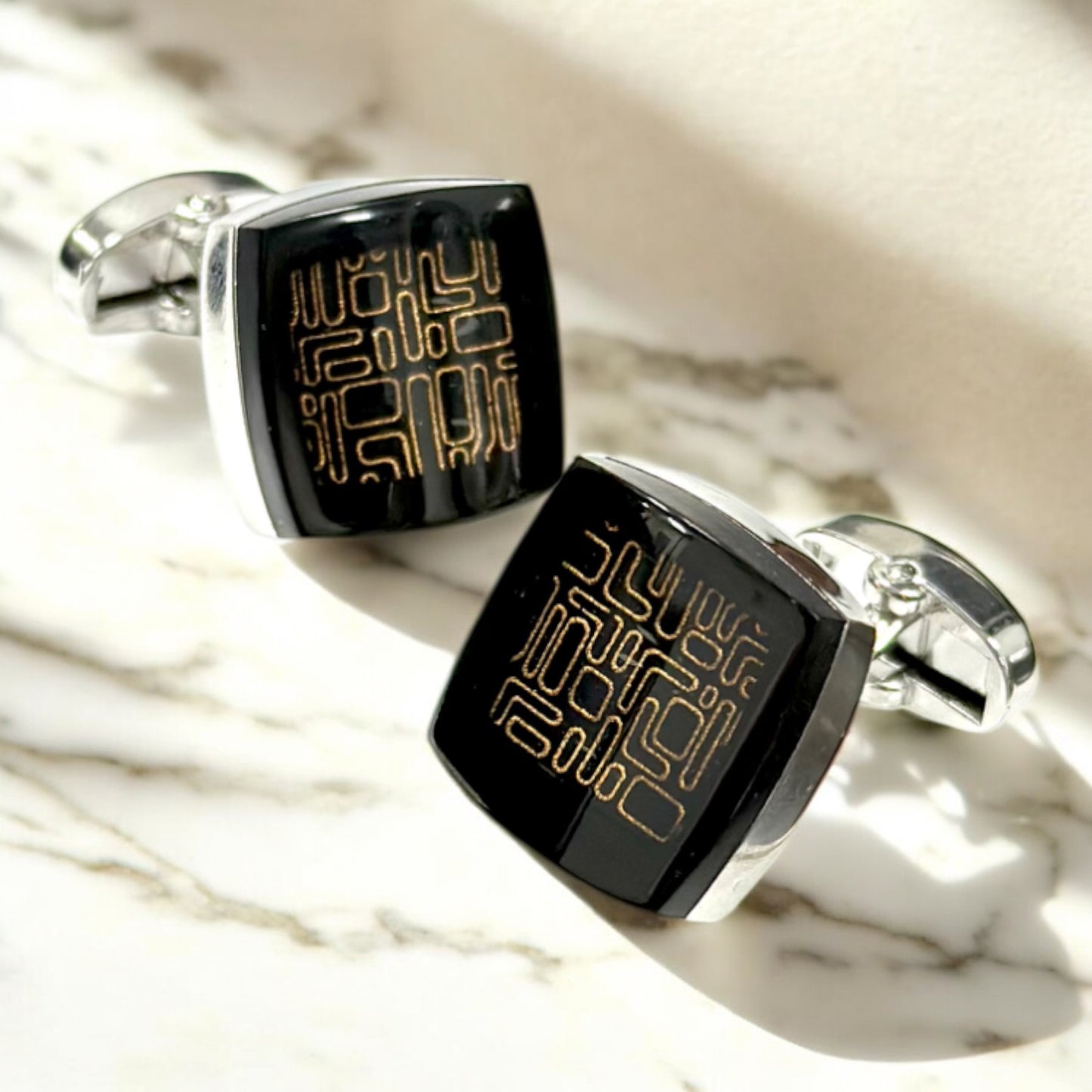 Squared Black Glass Looking on Gold Lines - Istanbul Fashion Cufflinks - 55