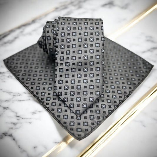 Patterned Black and Gray Mini Squares- Istanbul Fashion Tie - Classic Wide