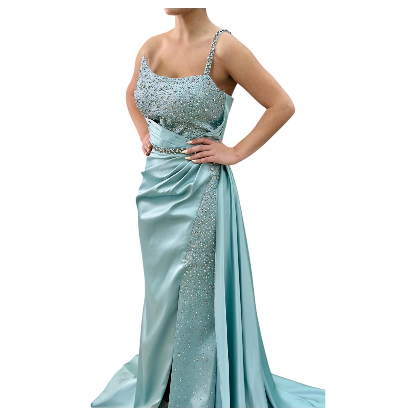 Satin Mint Green Elegant Long Dress- Detailed with Beautiful Crystals and Sequins