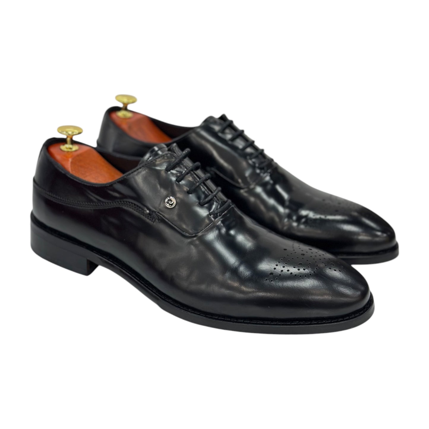 Black Shiny Dressy  Shoes With  Lace-465116