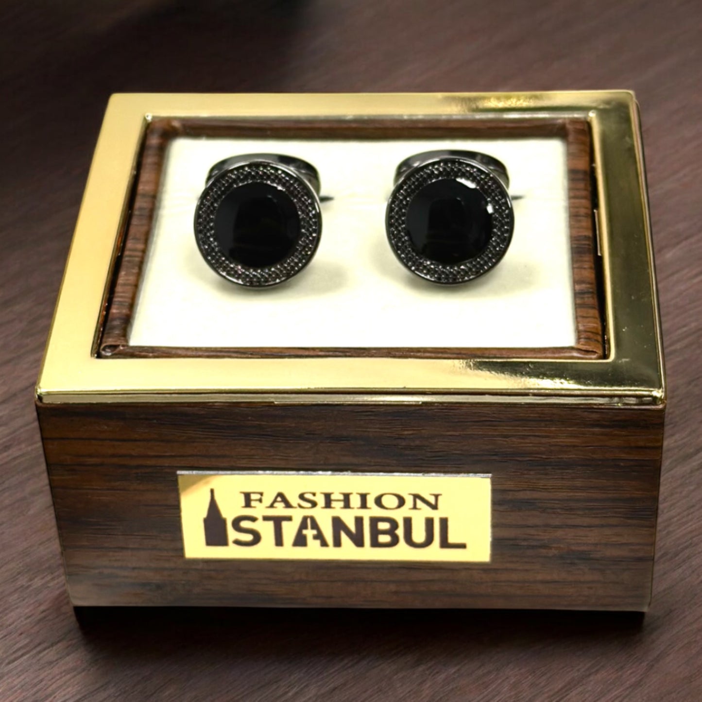 Round Chrome Black Contrasted with Dark Black  - Istanbul Fashion Cufflinks - 65