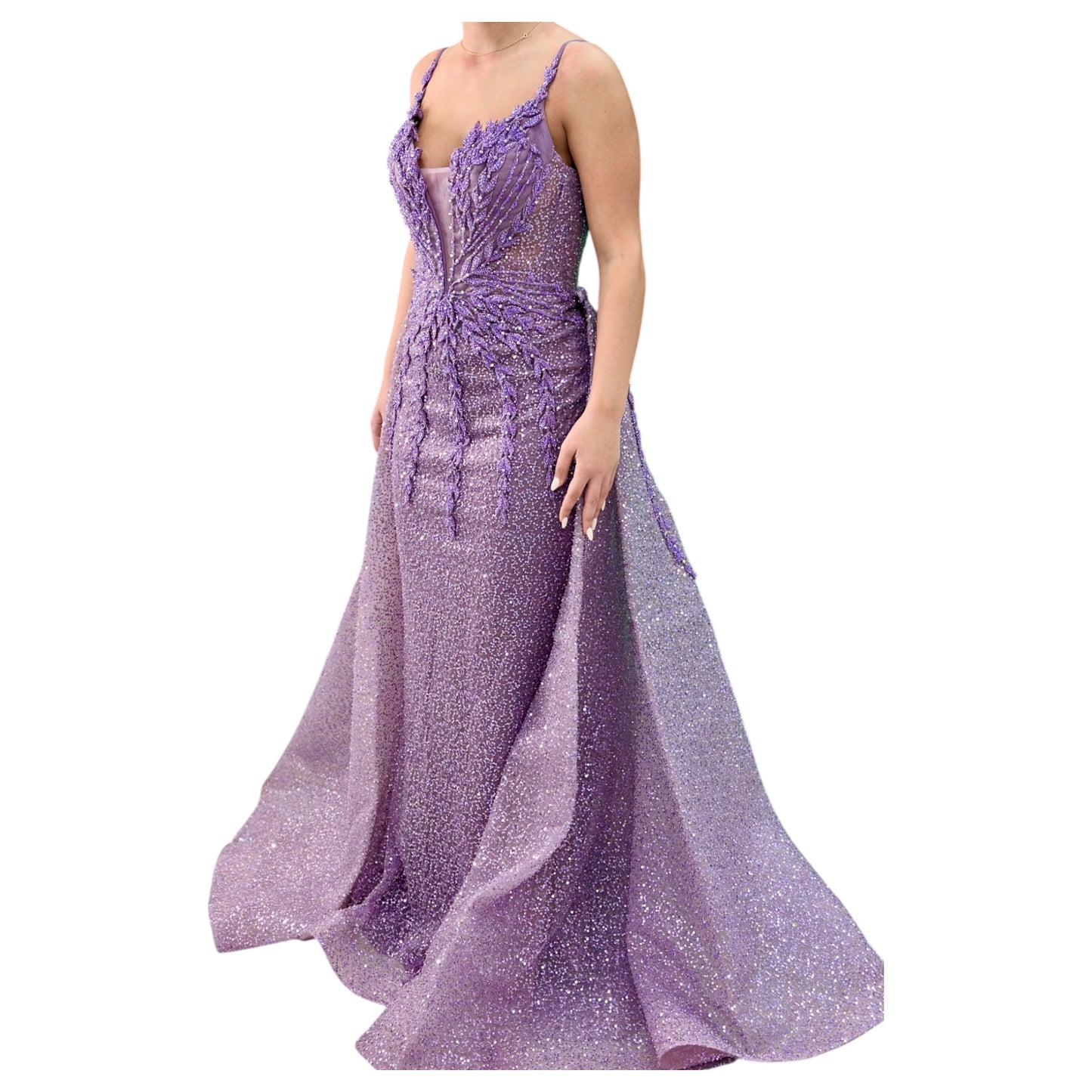 Purple Elegant Long Dress-Detailed with Beautiful Crystals and Sequins and Detachable Long Skirt