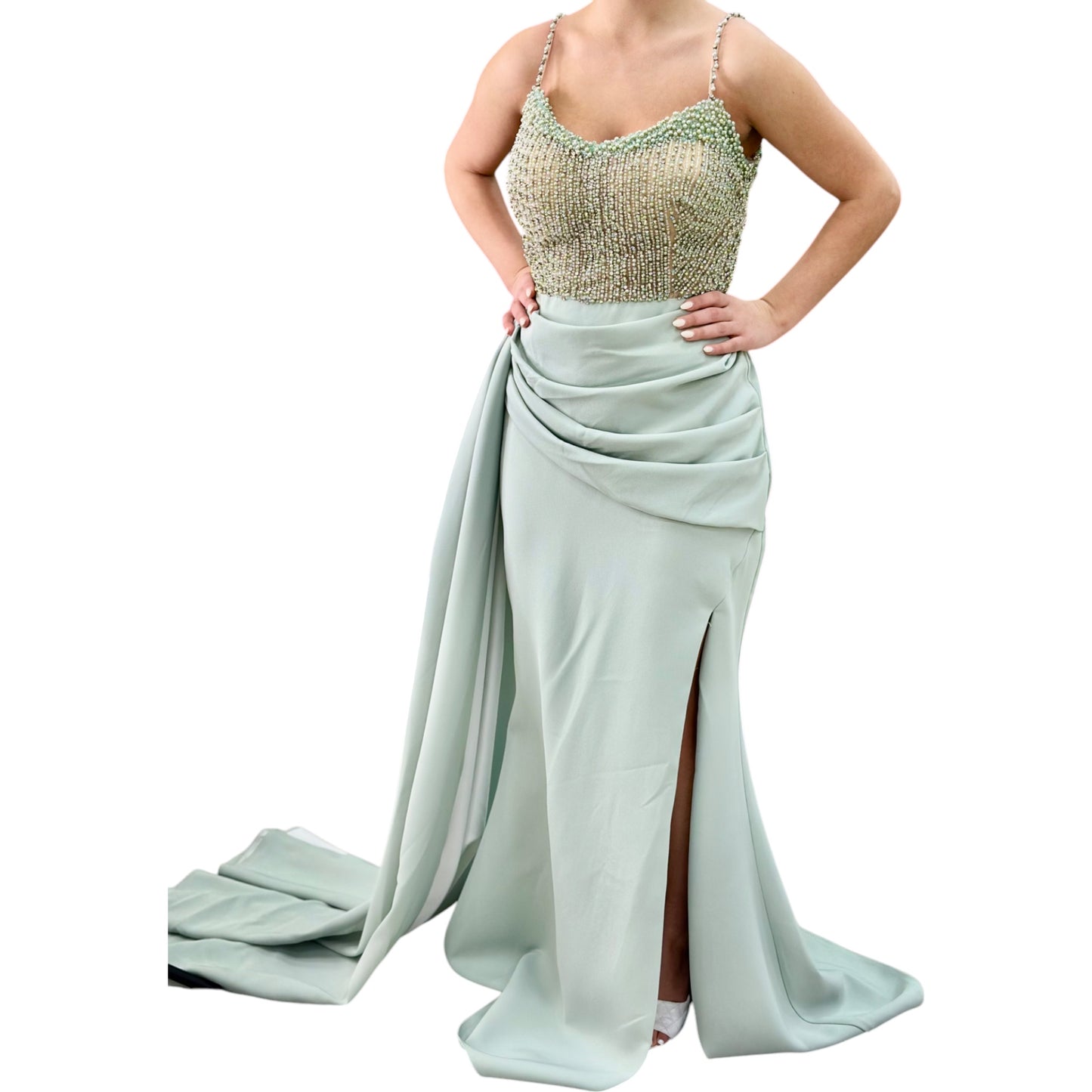 Sexy Mint Green Long Dress- Detailed with Beautiful Pearls