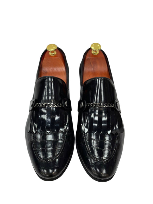 Black Istanbul Fashion by Raad Red Bottom Shoes With Shine Finish and Chrome Chain-3015