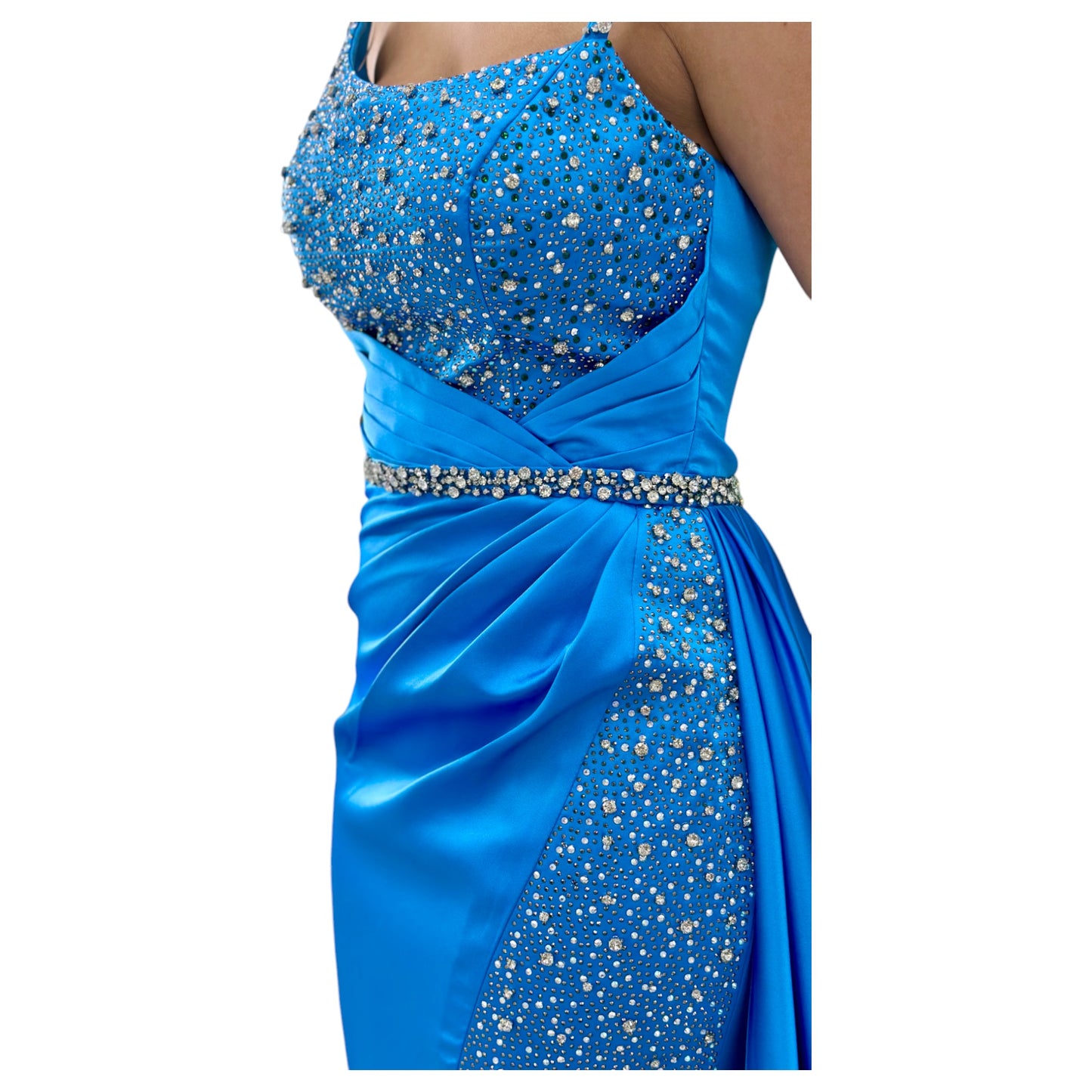 Sexy Blue Long Dress- Detailed with Beautiful Crystals and Sequins