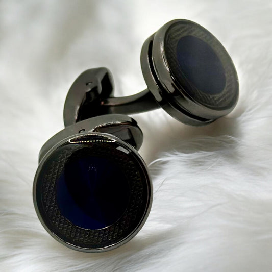 Elegantly Round Istanbul Fashion Cufflinks  Detailed with Chrome and Navy Blue Interior  - 19