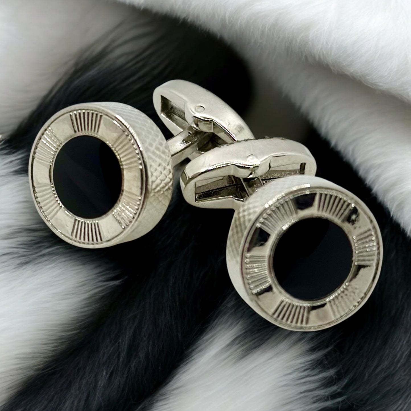Round Istanbul Fashion Cufflinks - Stainless Steel Exterior with Black interior- 7