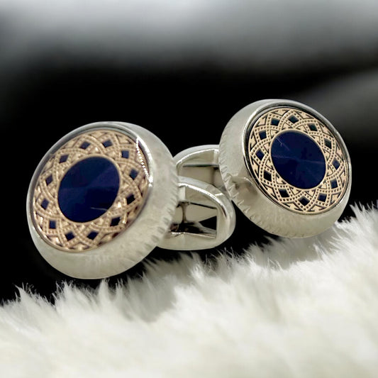 Round Silver Istanbul Fashion Cufflinks - Stainless Steel Exterior with Royal Blue and Rose Gold Detailed Interior - 8