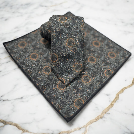 Classic Vintage Pattern with Gray and Orange  - Istanbul Fashion Tie - Classic Wide