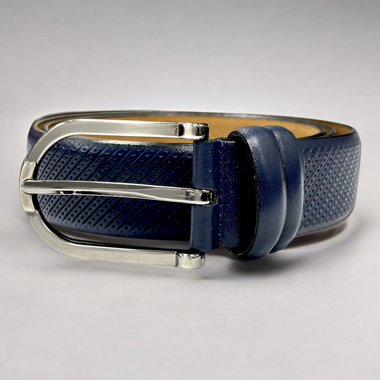 Classic Navy Leather Belt with  Round Corners Silver Buckle - 9