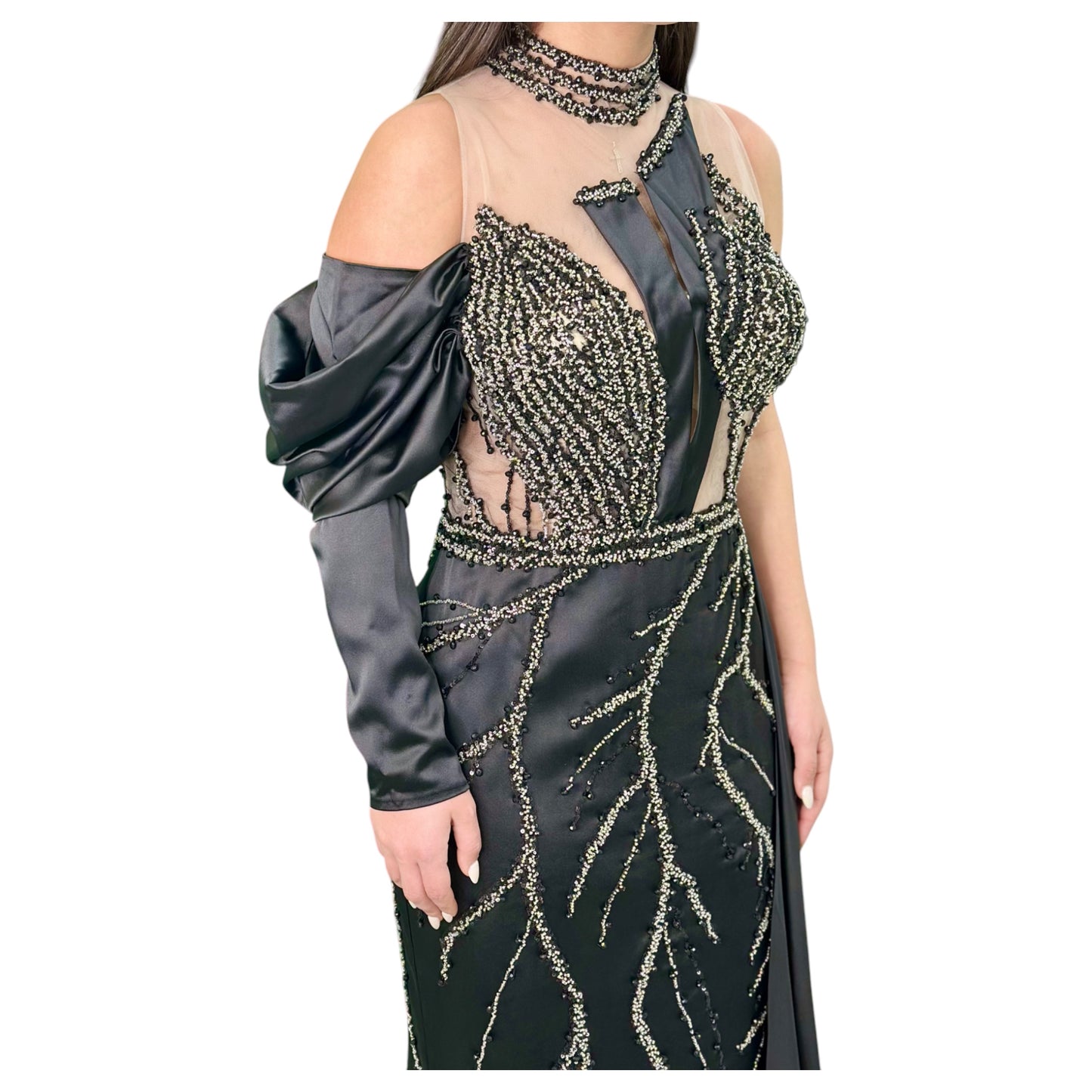 Elegant Black Long Dress-Detailed with Beautiful Crystals and Sequins