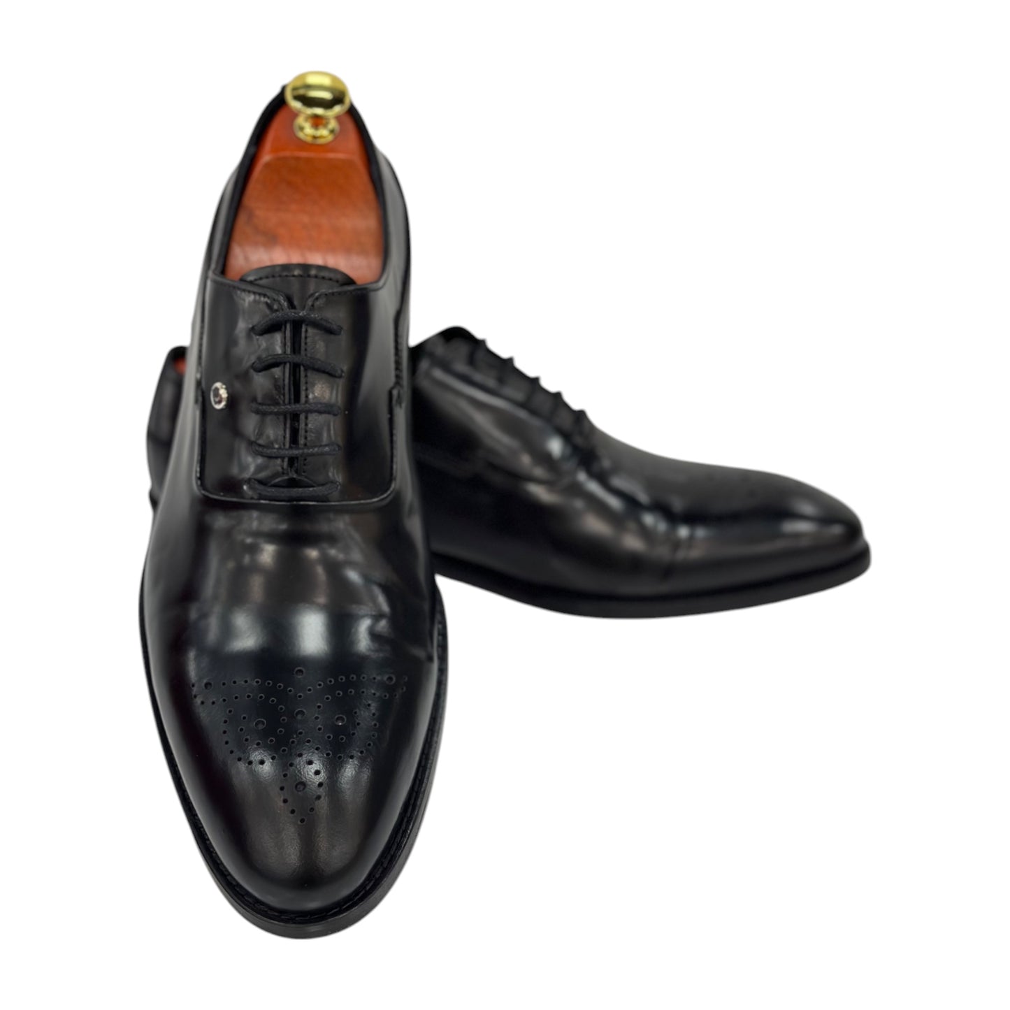 Black Shiny Dressy  Shoes With  Lace-465116