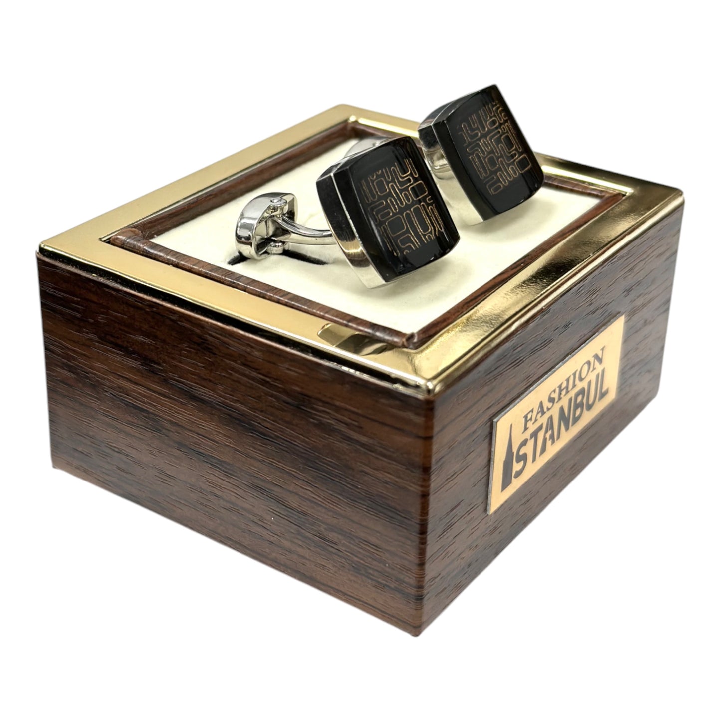 Squared Black Glass Looking on Gold Lines - Istanbul Fashion Cufflinks - 55