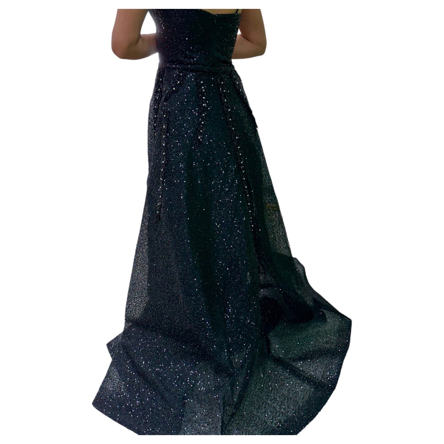 Black Elegant Long Dress-Detailed with Beautiful Crystals and Sequins and Detachable Long Skirt