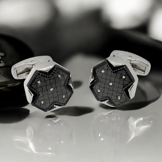 Octagon Crossed  Istanbul Fashion Cufflinks - Silver with Black Details  -9