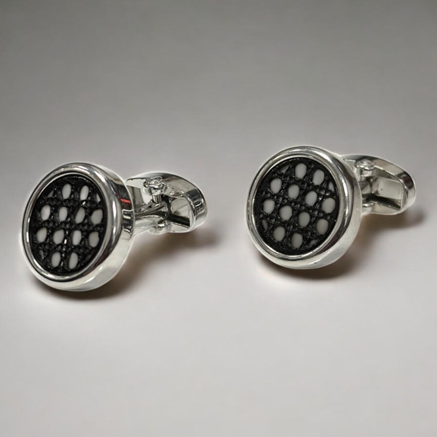 Round Silver Contrasted with Black Details   - Istanbul Fashion Cufflinks - 66