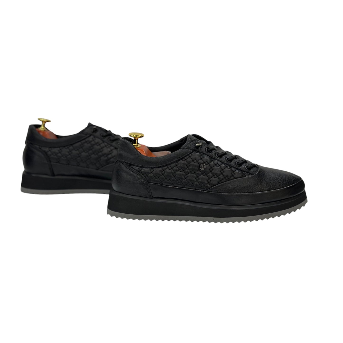 Black with Gray Foam Bottom- Sneakers_Shiny Finish-Black Lace-Luxury Interior and Exterior Leather- 305 451