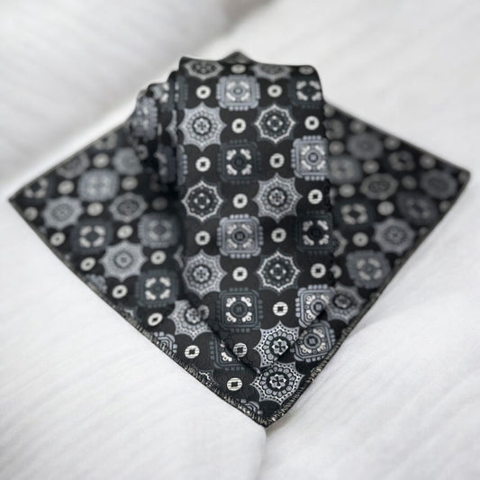 Gray, Black, and White Detailed Pattern  -Istanbul Fashion Tie - Classic Wide
