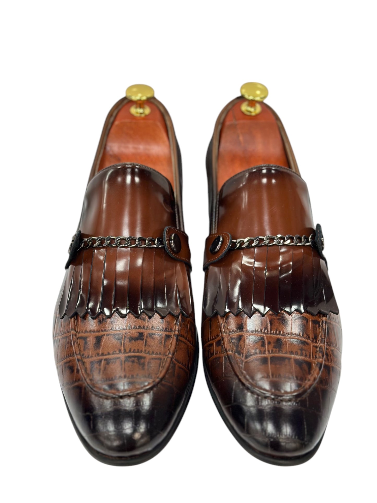 Brown Istanbul Fashion by Raad Red Bottom Leather Shoes With Silver Finish Chain-3015