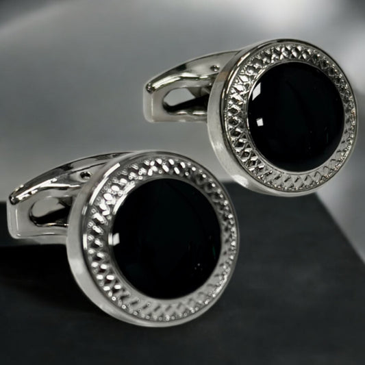 Silver  Black Round  Istanbul Fashion Cufflinks  Detailed with, Shiny Silver 34