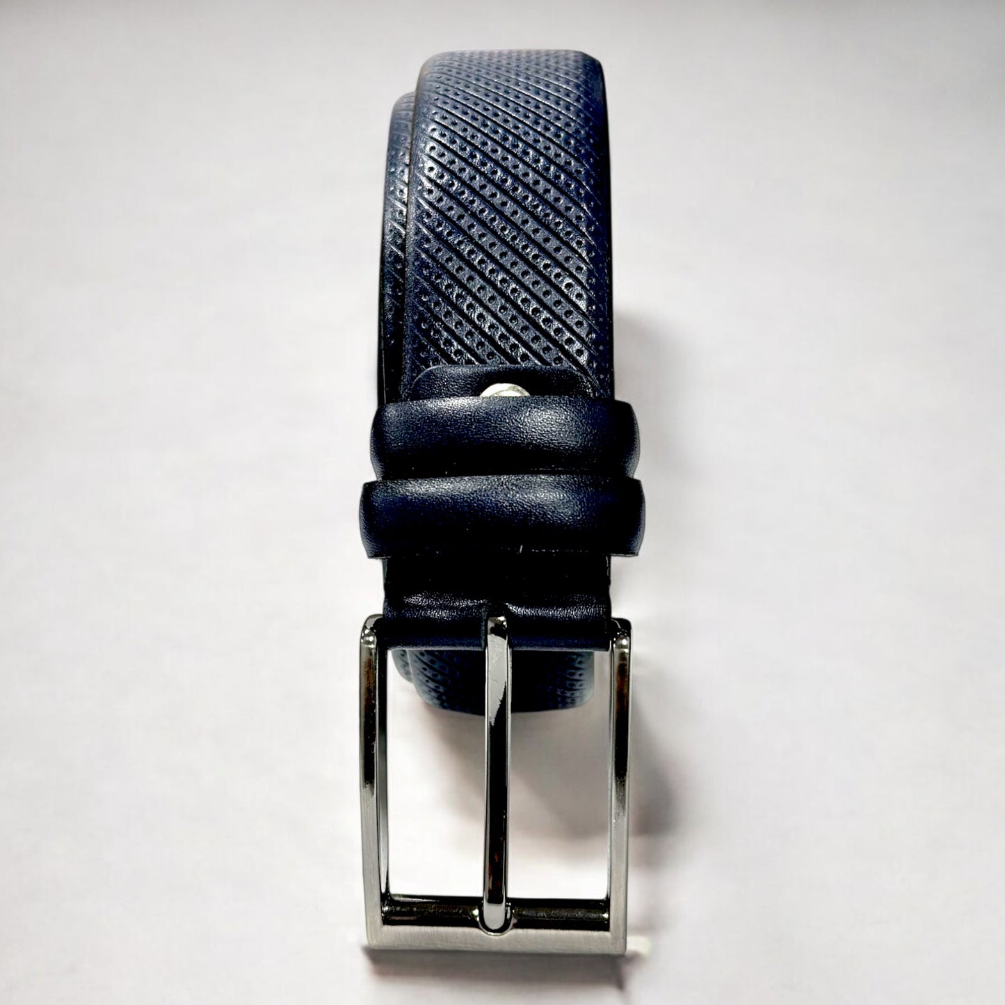 Classic Navy Leather Belt with  Squared Corners Silver Buckle - 10