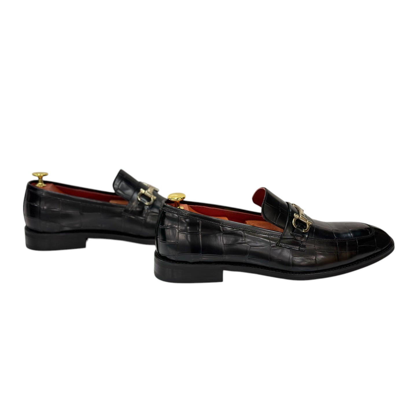 Black Istanbul Fashion by Raad Red Bottom Shoes With Unique Textured Leather with Gold Finish Buckle-1700