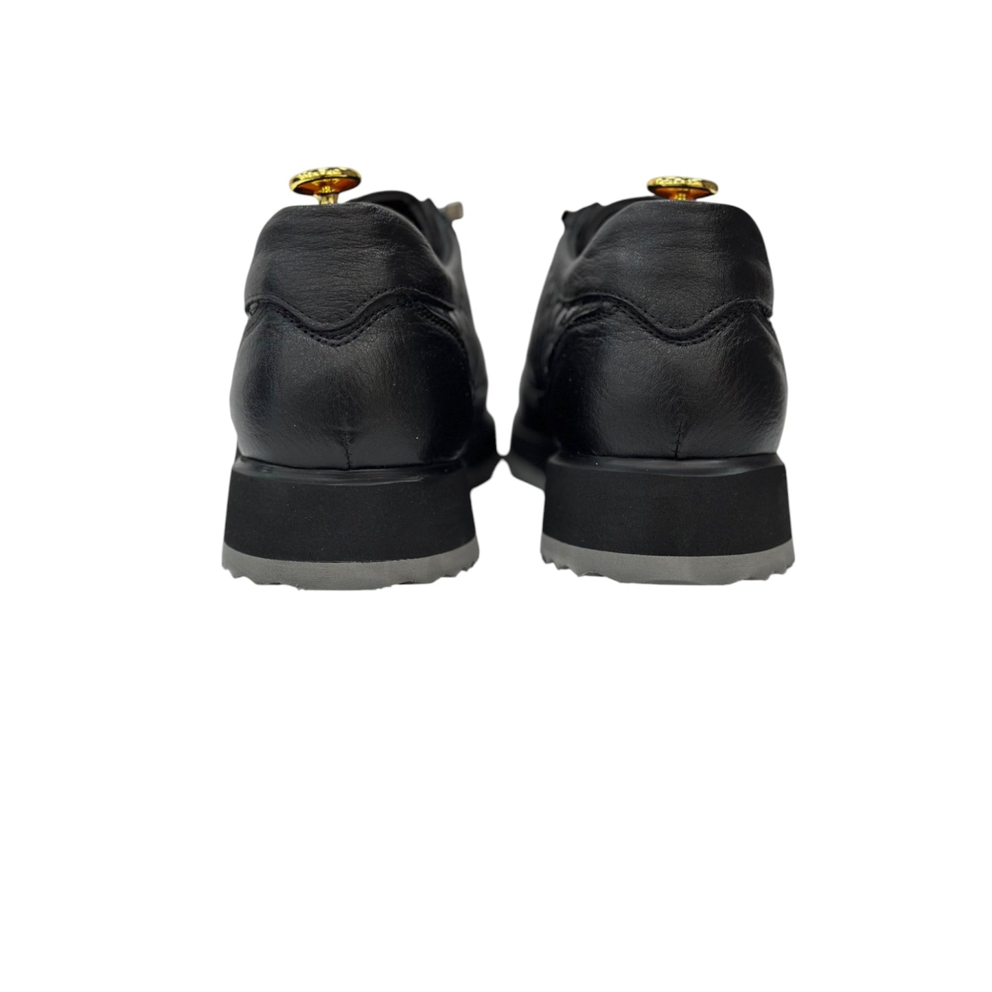 Black with Gray Foam Bottom- Sneakers_Shiny Finish-Black Lace-Luxury Interior and Exterior Leather- 305 451