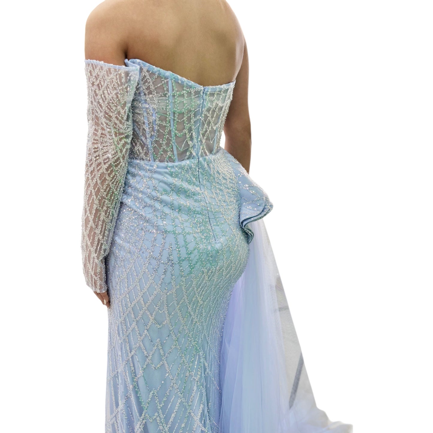Sexy Lightest Blue Long Dress- Detailed with Beautiful Crystals
