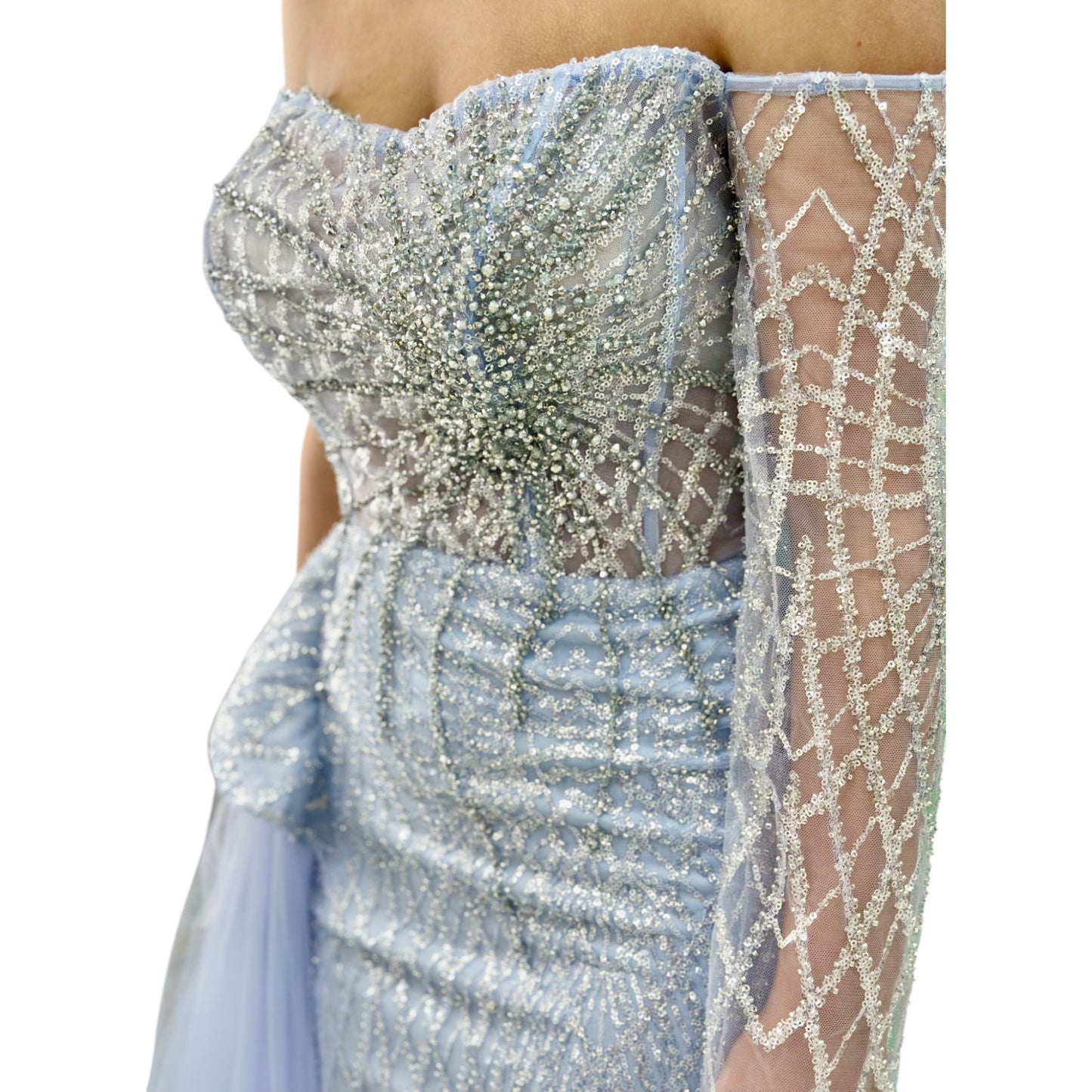 Sexy Lightest Blue Long Dress- Detailed with Beautiful Crystals
