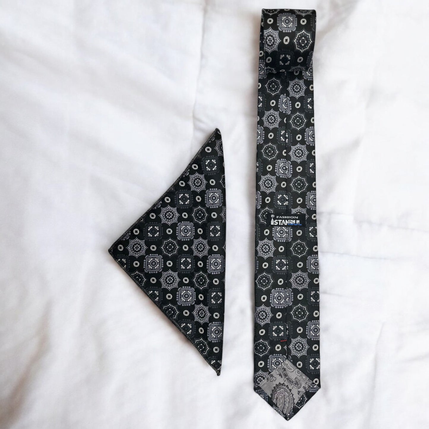 Gray, Black, and White Detailed Pattern  -Istanbul Fashion Tie - Classic Wide