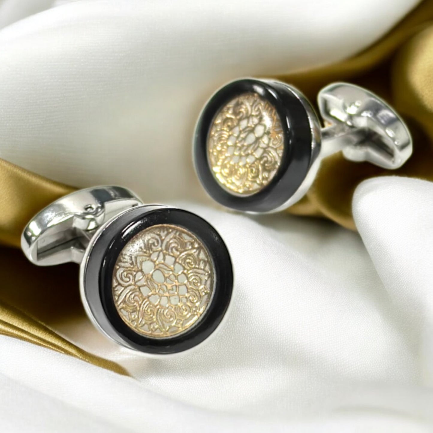 Black Frame, with White and Gold Interior  - Istanbul Fashion Cufflinks - 52