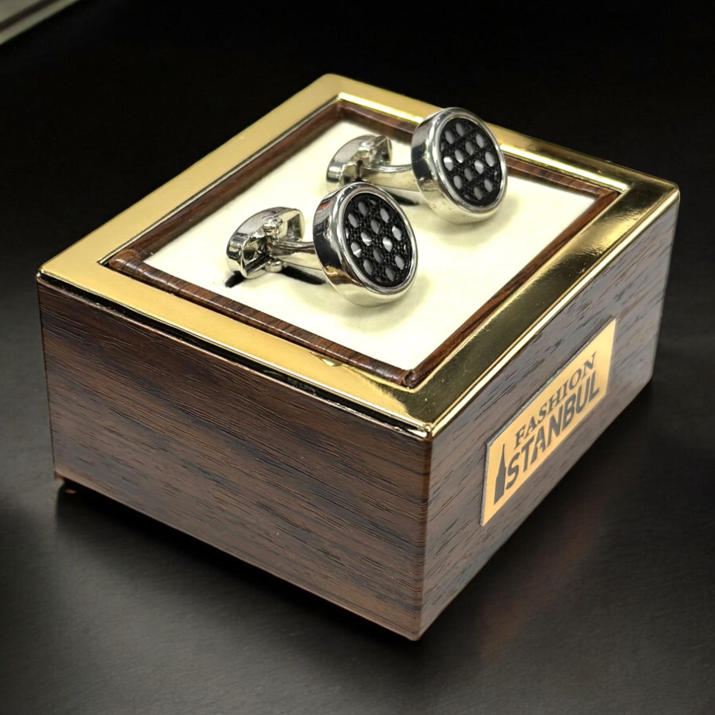 Round Silver Contrasted with Black Details   - Istanbul Fashion Cufflinks - 66