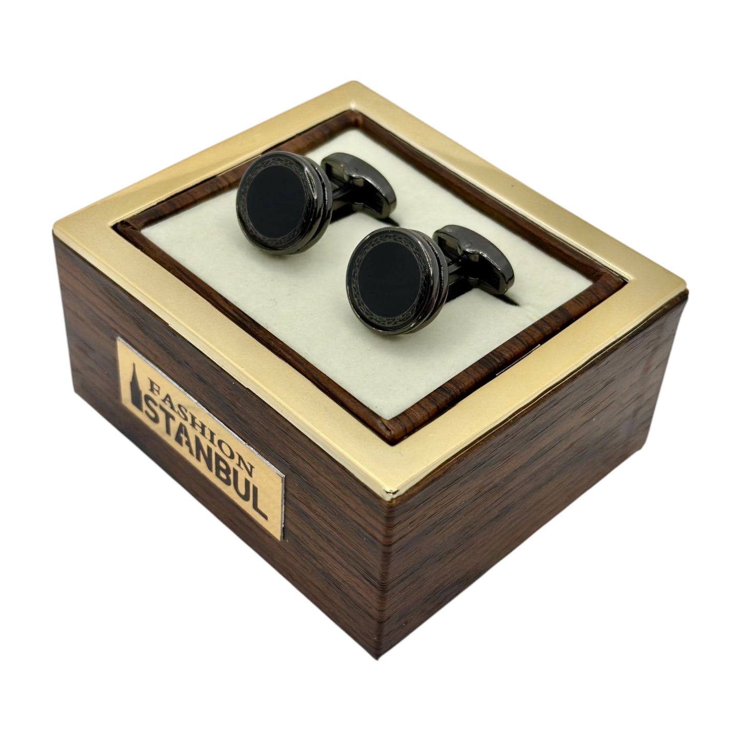 Round Istanbul Fashion Cufflinks  Detailed with Darkest Black and Chrome  - 20