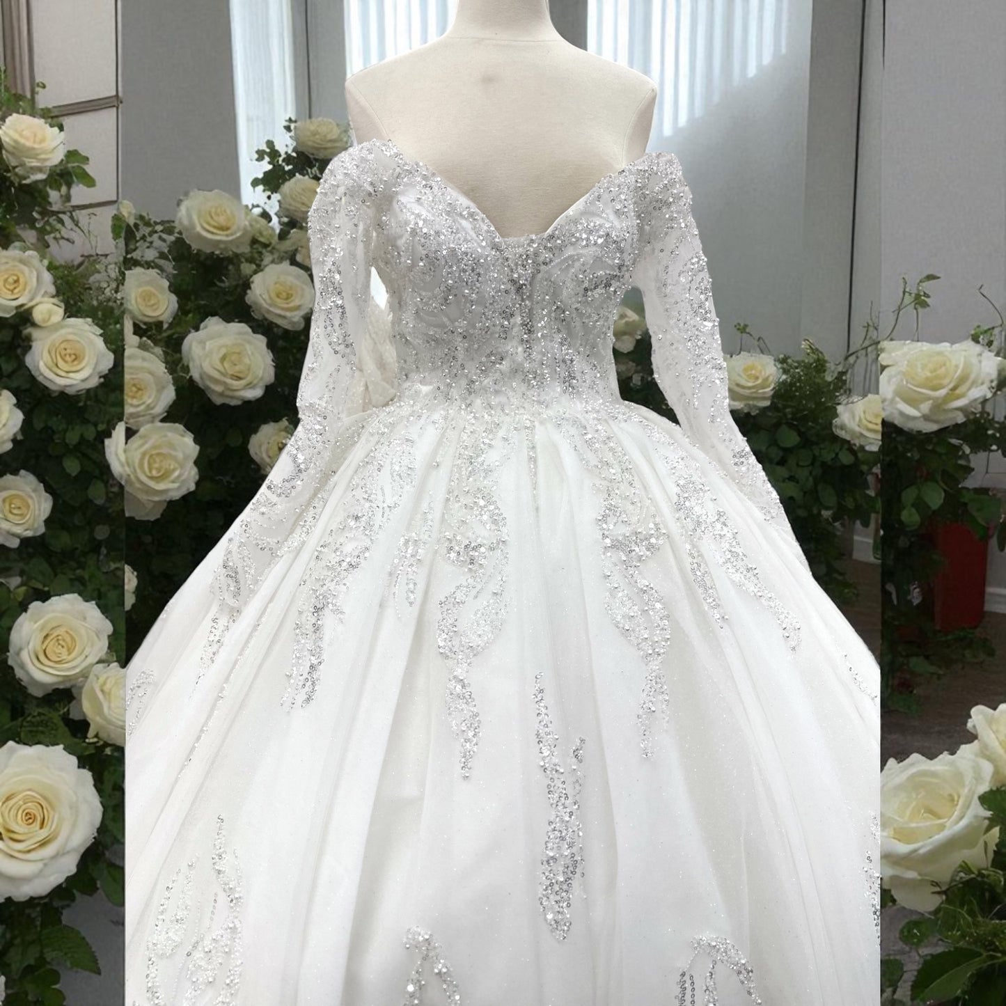 Off The Shoulder-Princess  Ball Gown Style - Wedding Gown - Creamy Detailed with Sequins and Shiny Beads