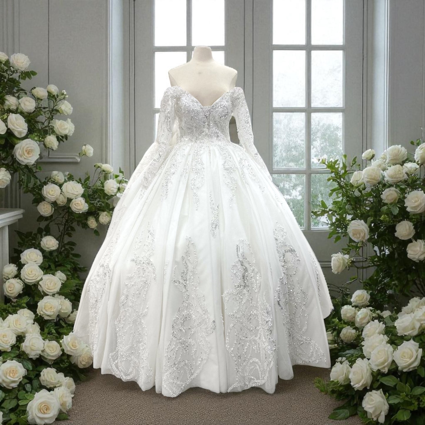 Off The Shoulder-Princess  Ball Gown Style - Wedding Gown - Creamy Detailed with Sequins and Shiny Beads