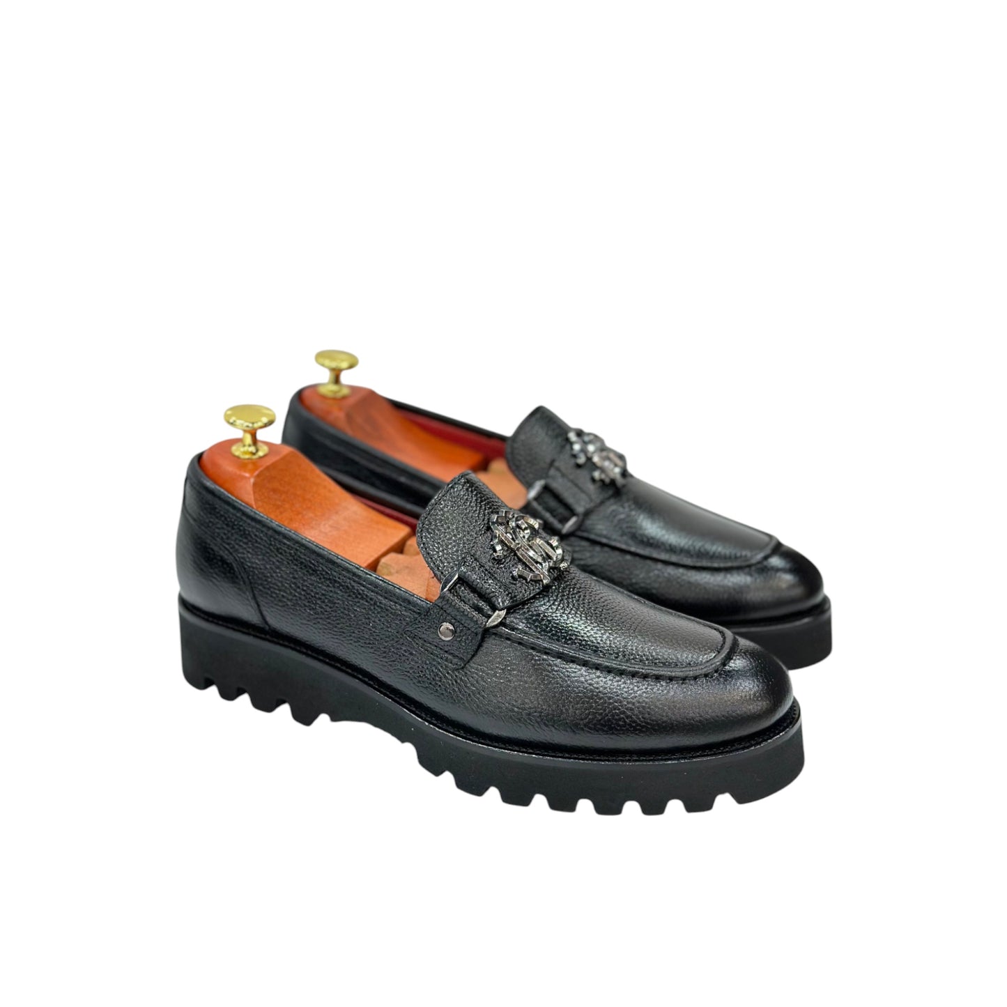 Black Istanbul Fashion by Raad Red Bottom Leather Shoes With Silver Finish Metal and Higher Bottom-1601