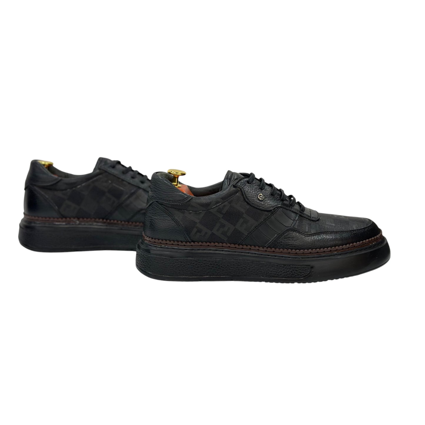 Black Sneakers - Unique  Textured Leather- with Brown Thread Details -228-SP10