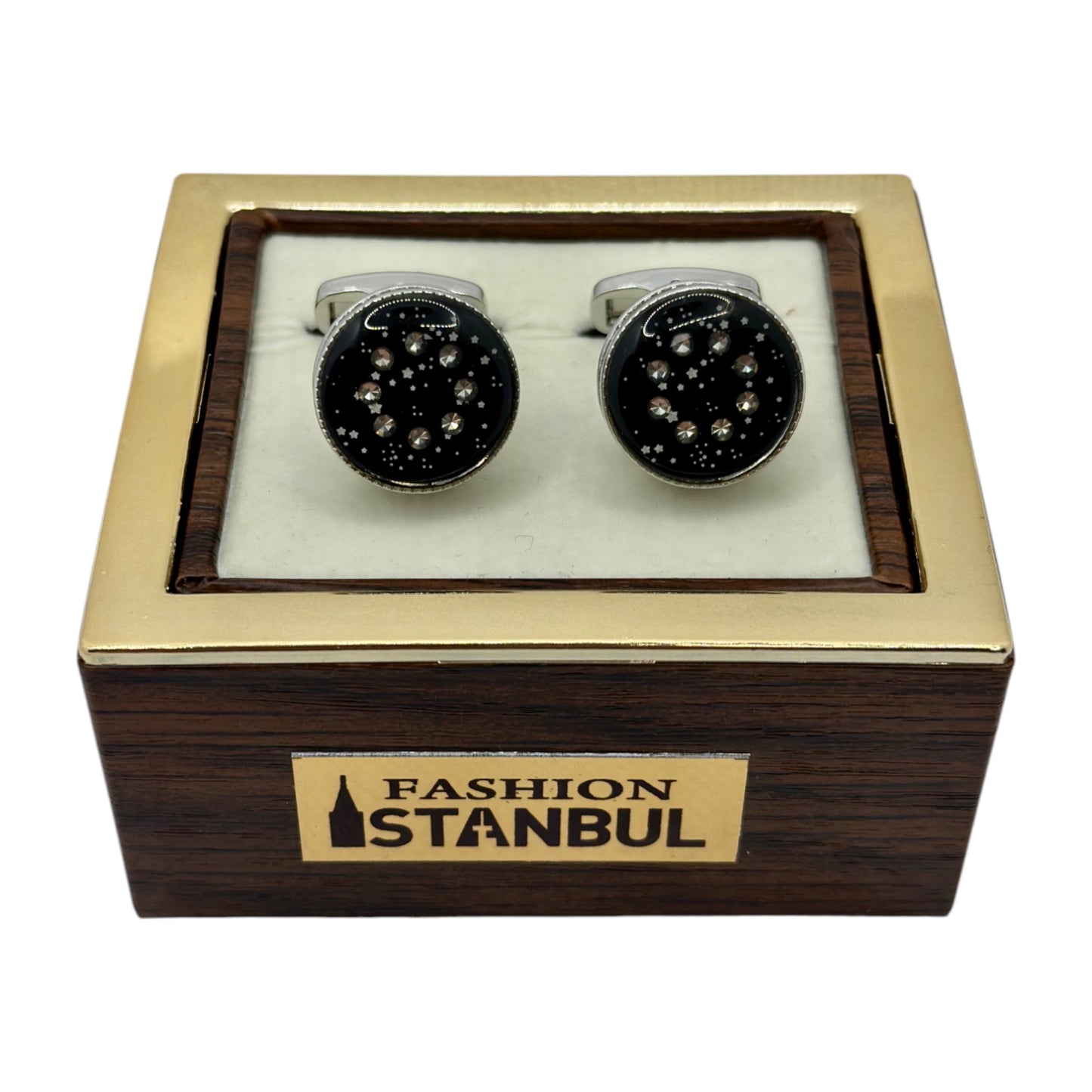 Bold Round  Round Istanbul Fashion Cufflinks  Detailed with  Silver, Diamonds and Black Interior- 25