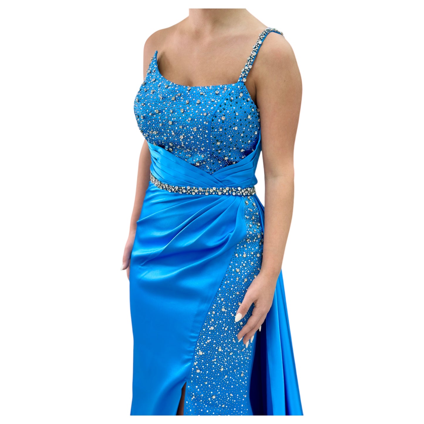 Sexy Blue Long Dress- Detailed with Beautiful Crystals and Sequins