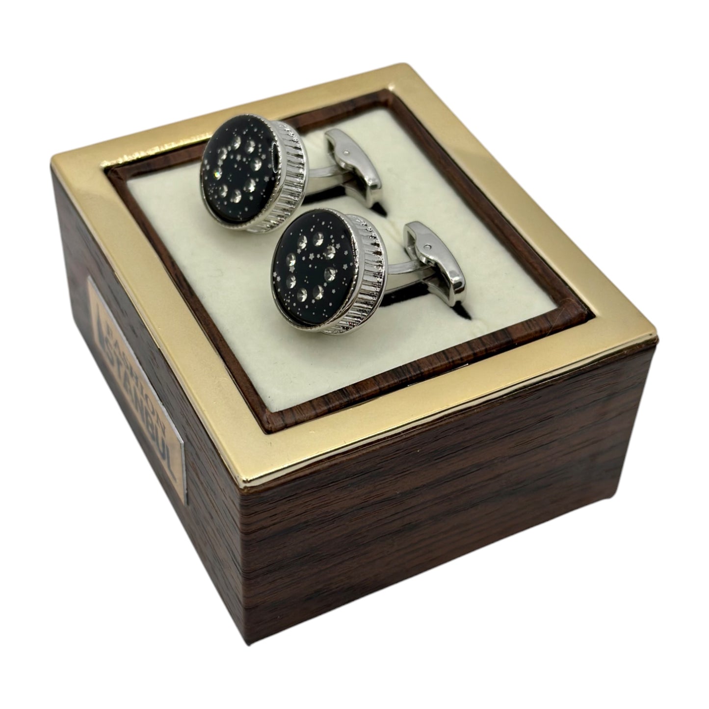 Bold Round  Round Istanbul Fashion Cufflinks  Detailed with  Silver, Diamonds and Black Interior- 25