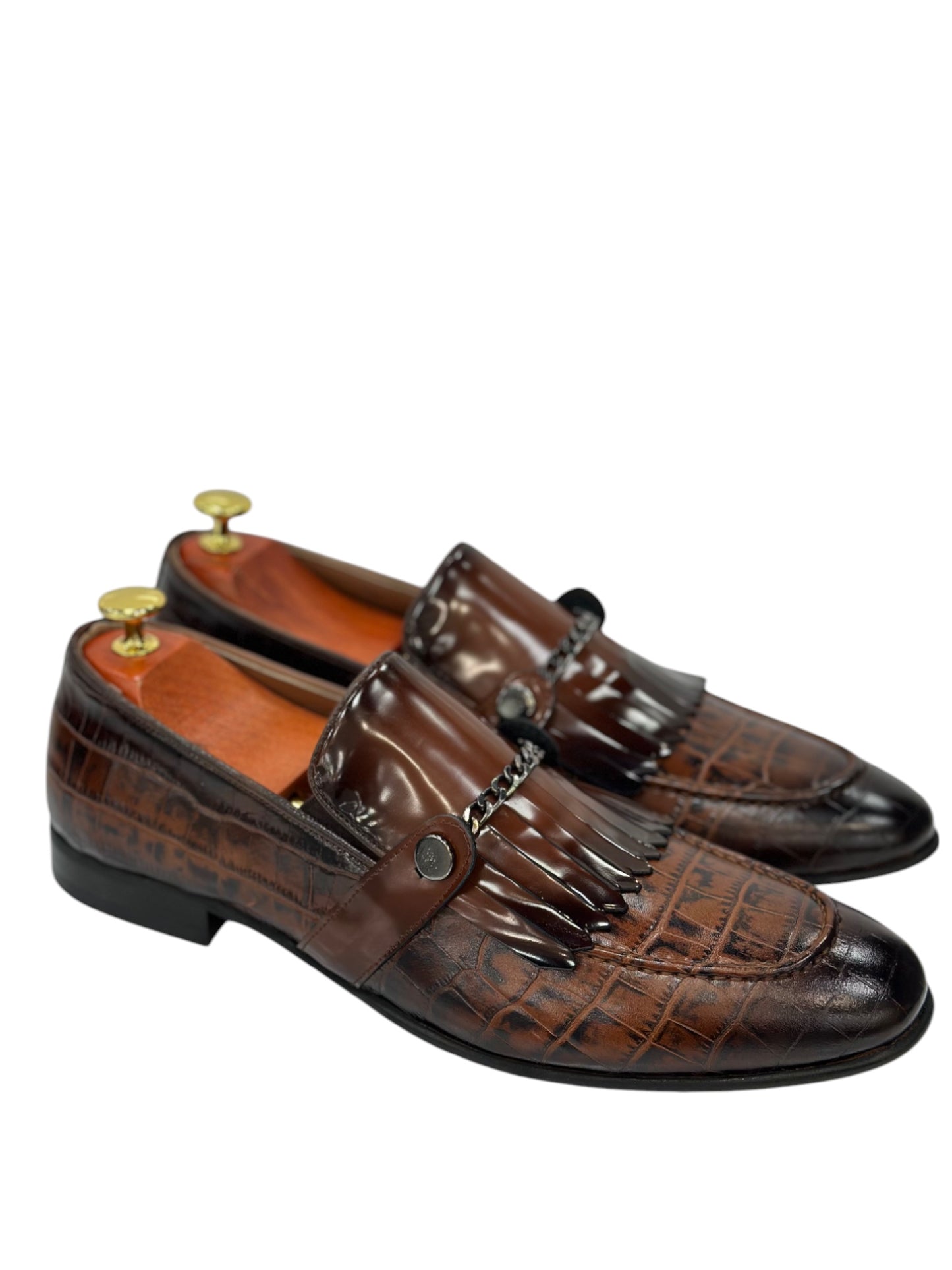 Brown Istanbul Fashion by Raad Red Bottom Leather Shoes With Silver Finish Chain-3015