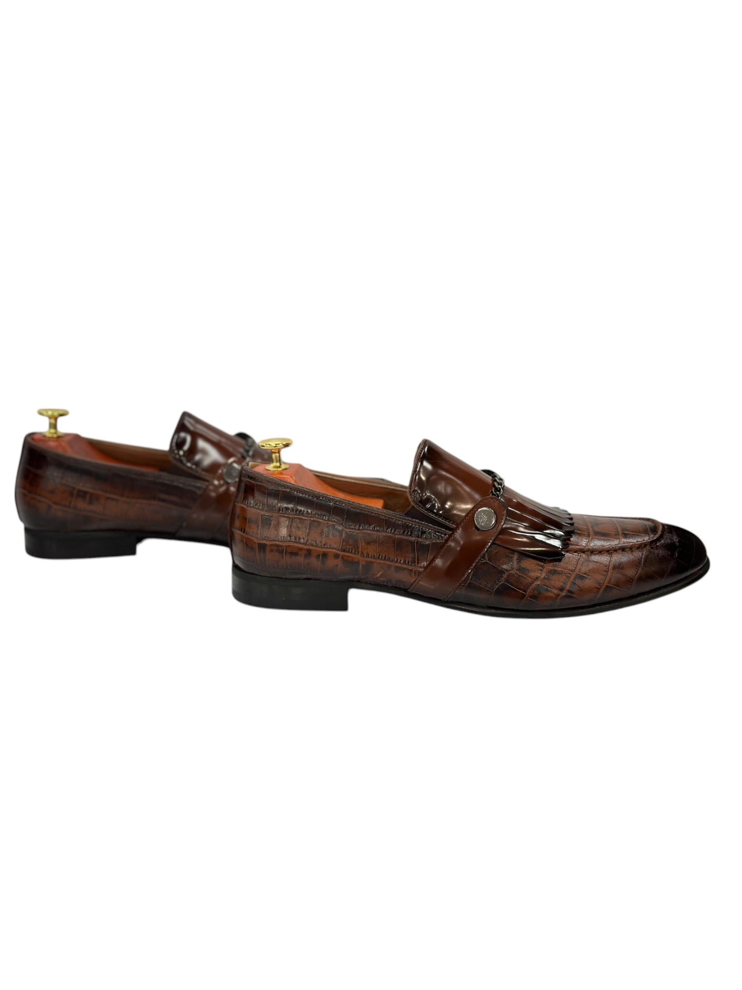 Brown Istanbul Fashion by Raad Red Bottom Leather Shoes With Silver Finish Chain-3015
