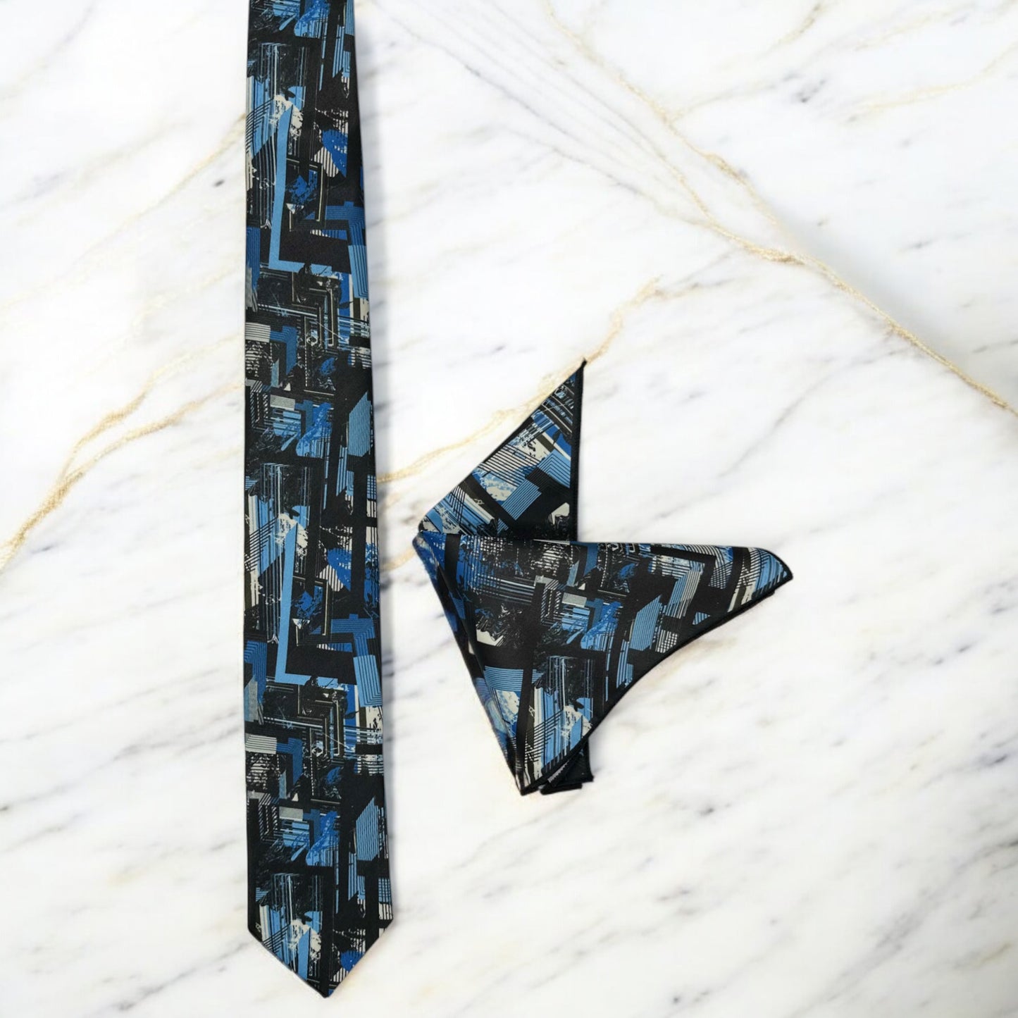 Elegant Blue, Gray and Black Mixed Pattern  - Istanbul Fashion Tie - Classic Wide