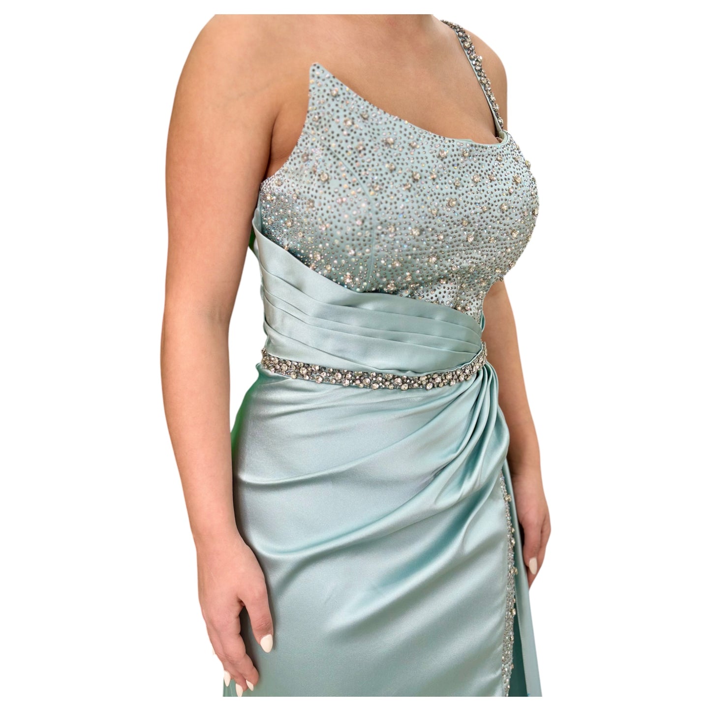 Satin Mint Green Elegant Long Dress- Detailed with Beautiful Crystals and Sequins