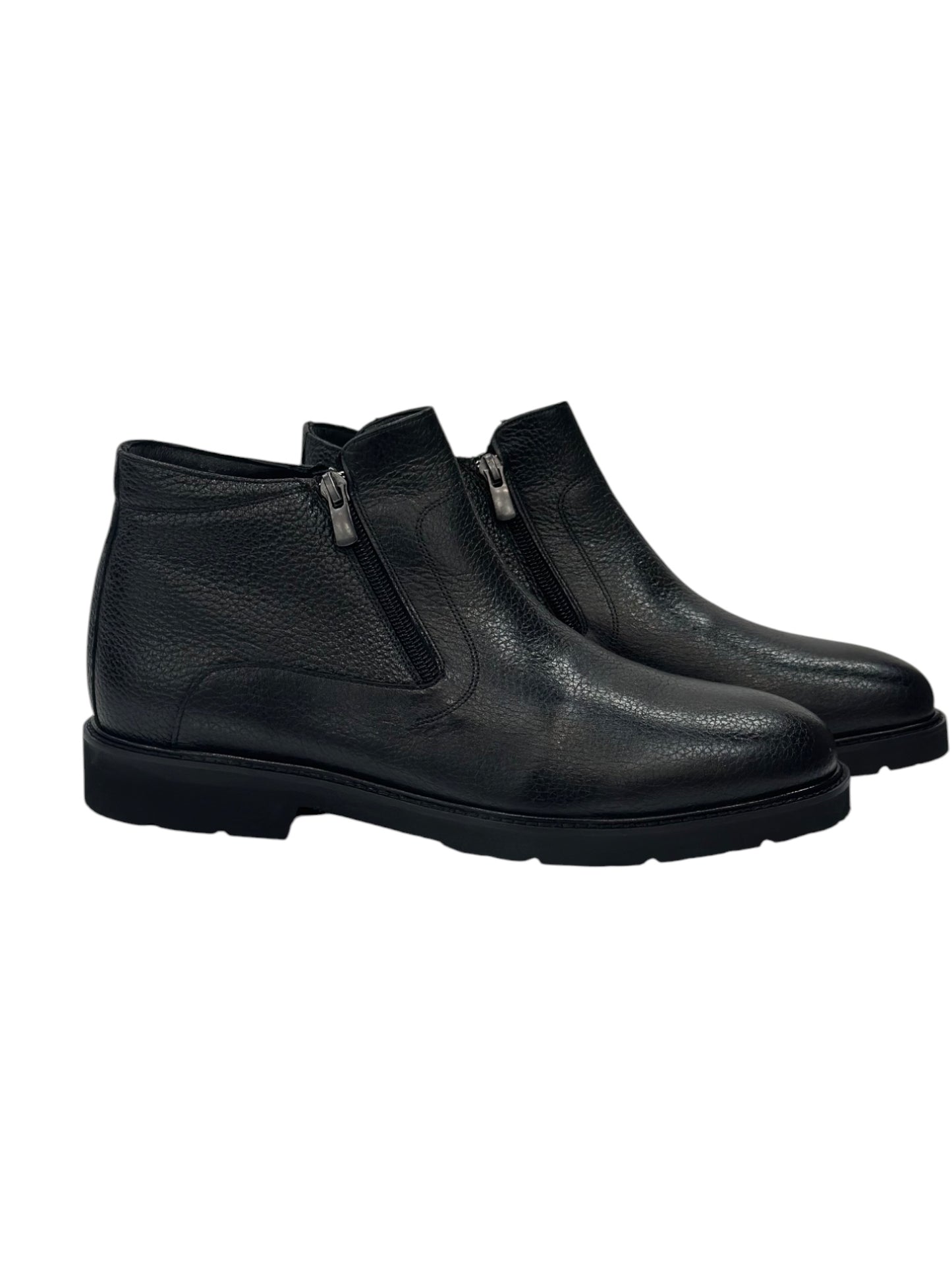 Ankle Boots -Furry Interior Luxury Highest Quality Black Leather-Detailed Zipper on Sides-240-B3125