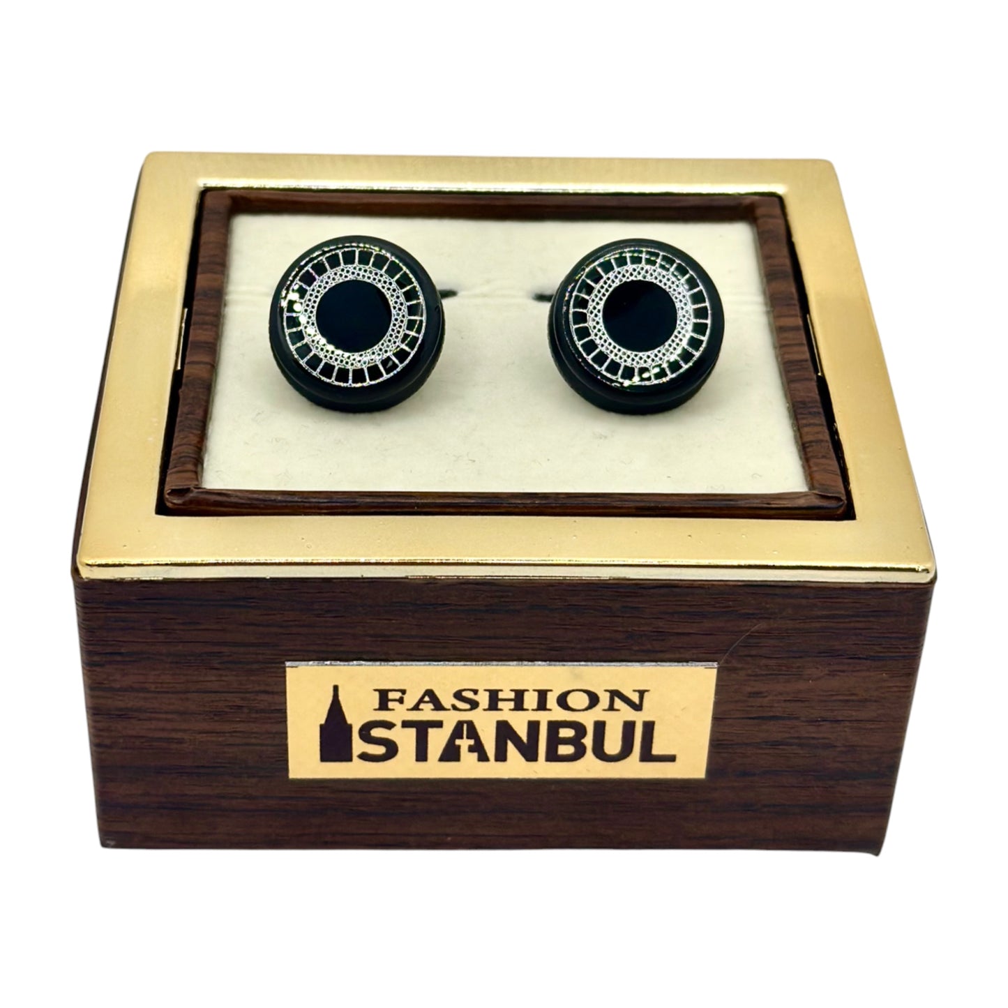 Round Istanbul Fashion Cufflinks -Black on Black and Silver Details  - 14