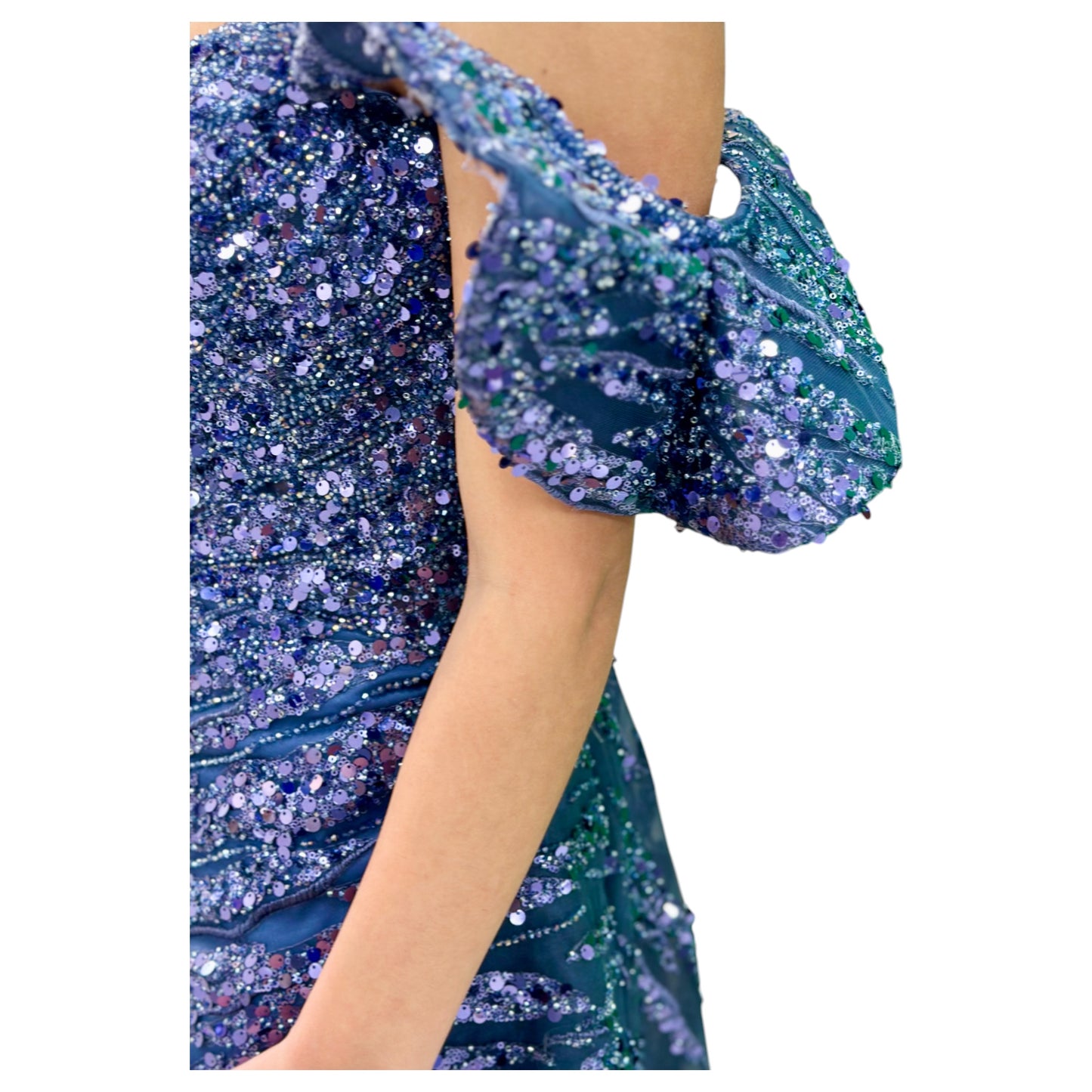Navy Elegant Long Dress-Detailed with Beautiful Crystals and Sequins Off The Shoulder