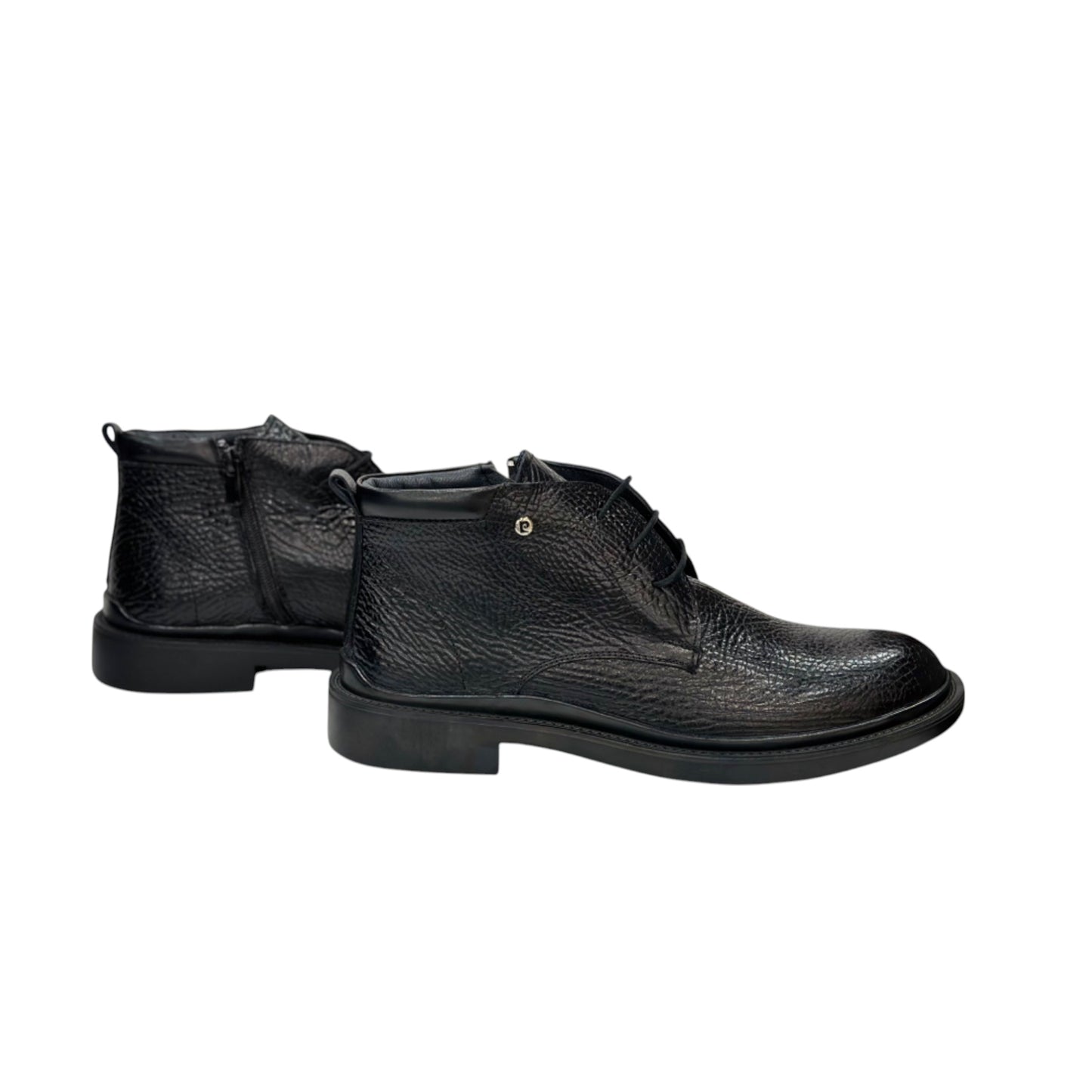 Black Ankle Boots- Lace -Side zipper-  with Unique Leather and Rubber Bottom-63476